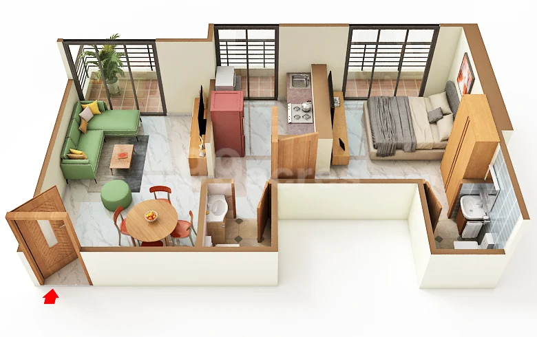 1 BHK 3D floor plan at Swaminarayan Sky Marina, alternate layout