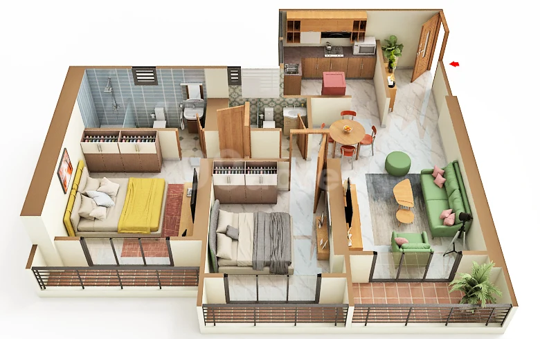 2 BHK 3D floor plan at Swaminarayan Sky Marina, layout two