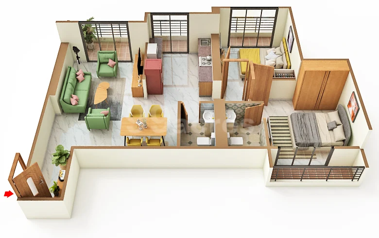 2 BHK 3D floor plan at Swaminarayan Sky Marina, layout three