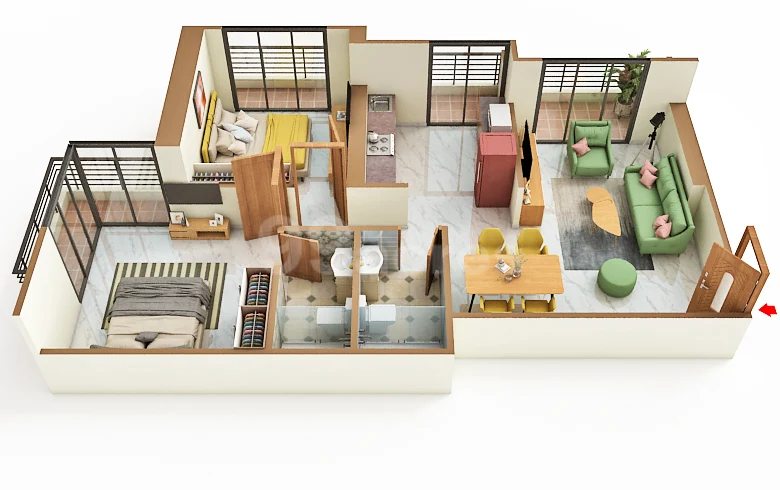 2 BHK 3D floor plan at Swaminarayan Sky Marina, Dombivli East