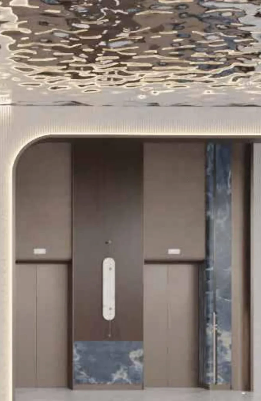 Grand lift lobby at Swaminarayan Sky Marina, Dombivli East